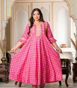 Women'S Plus Size Floral Printed Anarkali Kurti (Pink)