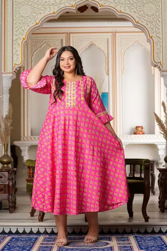 Women'S Plus Size Floral Printed Anarkali Kurti (Pink)