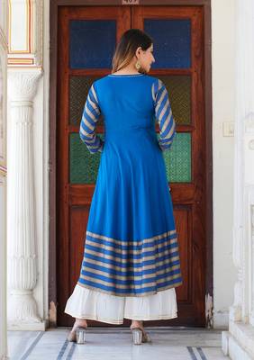 Women'S Rayon Stripe Printed Anarkali Kurti (Blue) 3