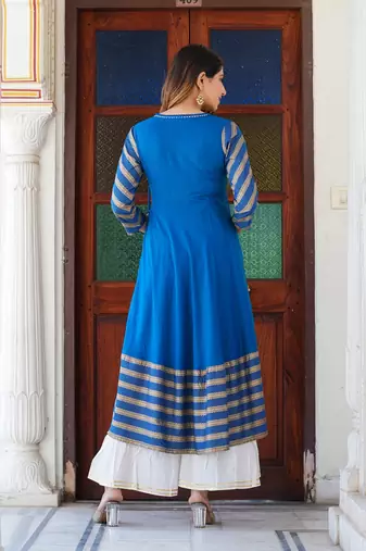 Women'S Rayon Stripe Printed Anarkali Kurti (Blue)