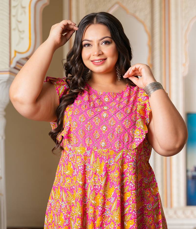 Women'S Plus Size Floral Printed Embroidered Anarkali Kurti (Pink)
