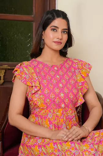 Women'S Floral Printed Embroidered Anarkali Kurti (Pink)