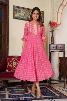 Women'S Floral Printed Anarkali Kurti (Pink) 2