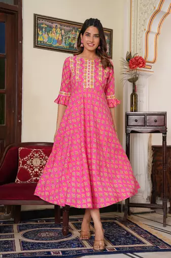Women'S Floral Printed Anarkali Kurti (Pink)