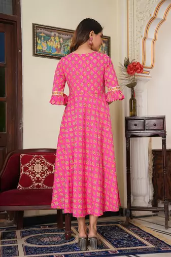 Women'S Floral Printed Anarkali Kurti (Pink)