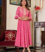 Women'S Floral Printed Anarkali Kurti (Pink)
