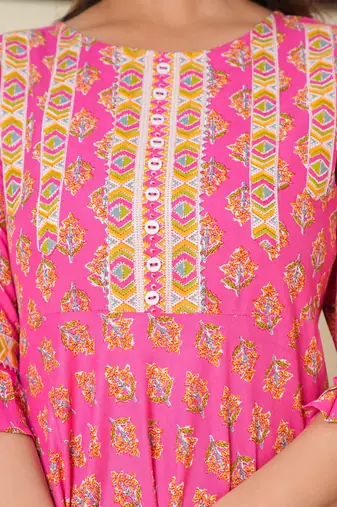 Women'S Floral Printed Anarkali Kurti (Pink)