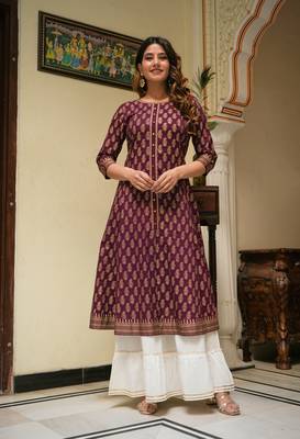 Women'S Cotton Gold Print Anarkali Kurti (Wine) 2