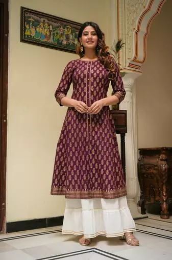 Women'S Cotton Gold Print Anarkali Kurti (Wine)
