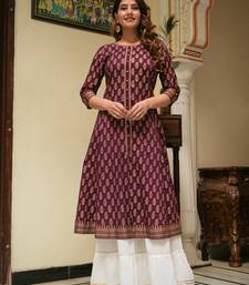 Women'S Cotton Gold Print Anarkali Kurti (Wine)