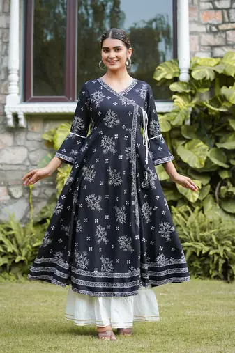 Women'S Rayon Floral Printed Anarkali Kurti (Black)