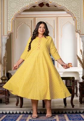 Women'S Plus Size Floral Printed Anarkali Kurti (Yellow) 1