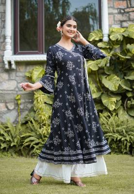 Women'S Rayon Floral Printed Anarkali Kurti (Black) 4