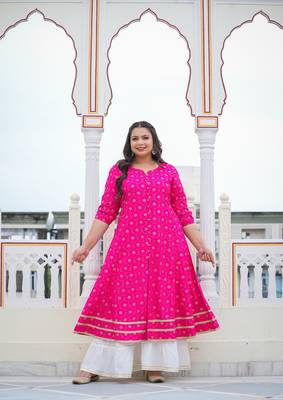 Women'S Plus Size Floral Gold Printed Anarkali Kurti (Pink) 1
