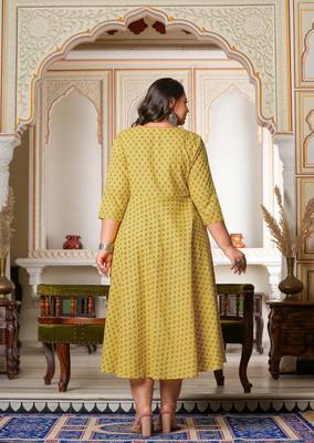 Women'S Plus Size Floral Printed Anarkali Kurti (Yellow) 2