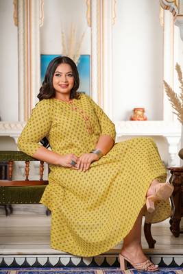 Women'S Plus Size Floral Printed Anarkali Kurti (Yellow) 3