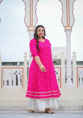 Women'S Plus Size Floral Gold Printed Anarkali Kurti (Pink) 3