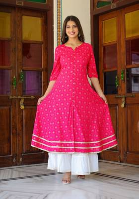 Women'S Floral Gold Printed Anarkali Kurti (Pink) 1