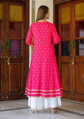 Women'S Floral Gold Printed Anarkali Kurti (Pink) 2