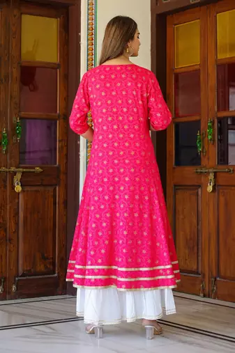 Women'S Floral Gold Printed Anarkali Kurti (Pink)
