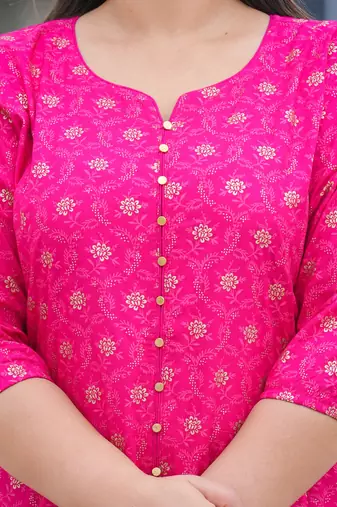 Women'S Plus Size Floral Gold Printed Anarkali Kurti (Pink)