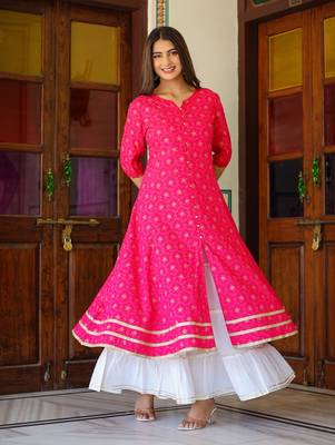 Women'S Floral Gold Printed Anarkali Kurti (Pink) 3