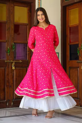 Women'S Floral Gold Printed Anarkali Kurti (Pink)