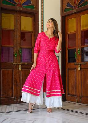 Women'S Floral Gold Printed Anarkali Kurti (Pink) 4