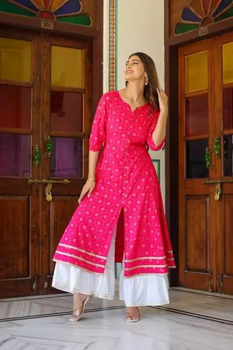 Women'S Floral Gold Printed Anarkali Kurti (Pink)