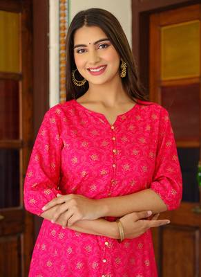 Women'S Floral Gold Printed Anarkali Kurti (Pink) 5