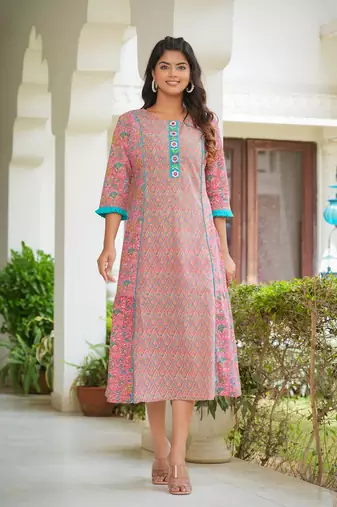 Women'S Embroidered Floral Printed A-Line Kurta (Pink)