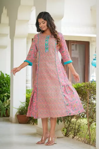 Women'S Embroidered Floral Printed A-Line Kurta (Pink)