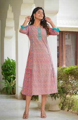 Women'S Embroidered Floral Printed A-Line Kurta (Pink) 4