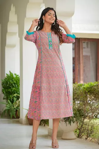 Women'S Embroidered Floral Printed A-Line Kurta (Pink)