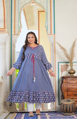 Women'S Plus Size Grey Floral Printed Anarkali Kurti (Grey) 1