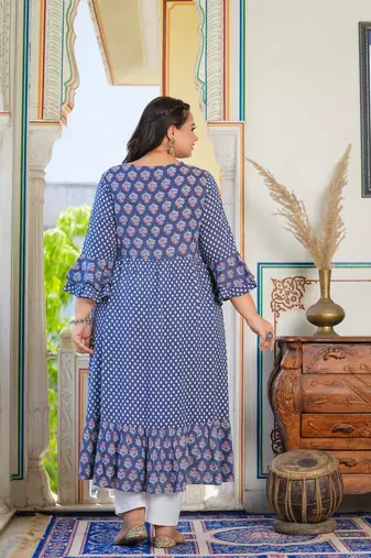 Women'S Plus Size Grey Floral Printed Anarkali Kurti (Grey)