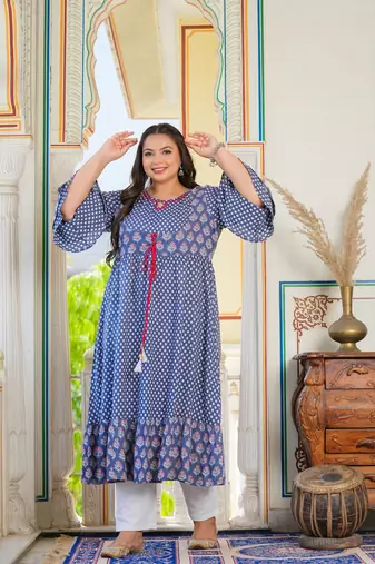 Women'S Plus Size Grey Floral Printed Anarkali Kurti (Grey)