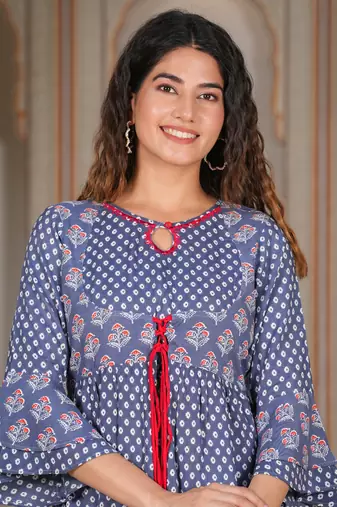 Women'S Grey Floral Printed Anarkali Kurti (Grey)