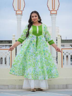 Women'S Plus Size Cotton Tie & Dye Printed Anarkali Kurta (Green) 1