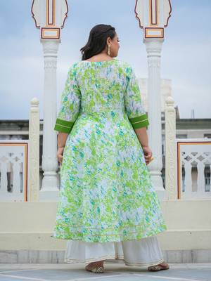 Women'S Plus Size Cotton Tie & Dye Printed Anarkali Kurta (Green) 2