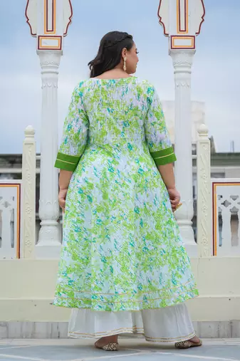 Women'S Plus Size Cotton Tie & Dye Printed Anarkali Kurta (Green)