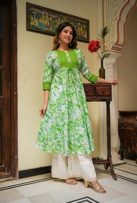 Women'S Cotton Tie & Dye Printed Anarkali Kurta (Green) 4