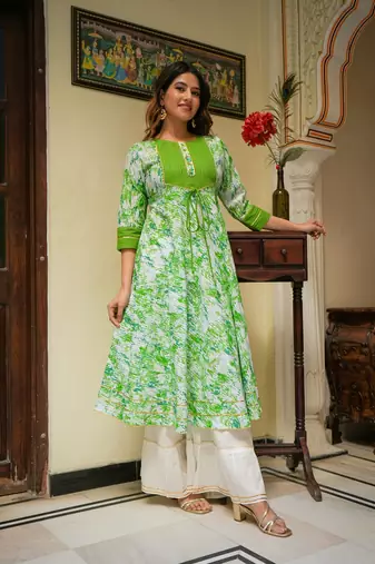Women'S Cotton Tie & Dye Printed Anarkali Kurta (Green)