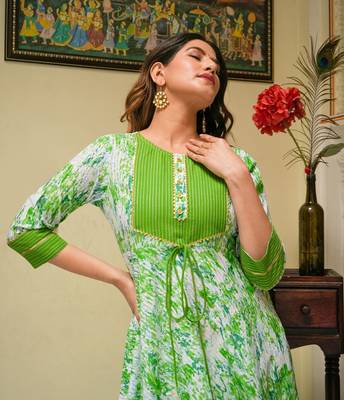 Women'S Cotton Tie & Dye Printed Anarkali Kurta (Green) 1