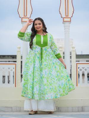 Women'S Plus Size Cotton Tie & Dye Printed Anarkali Kurta (Green) 3