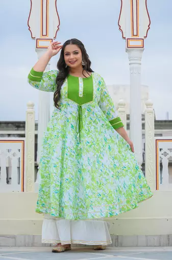 Women'S Plus Size Cotton Tie & Dye Printed Anarkali Kurta (Green)