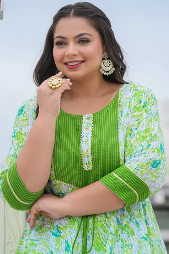 Women'S Plus Size Cotton Tie & Dye Printed Anarkali Kurta (Green)