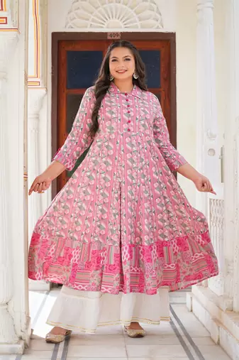 Women'S Plus Size Geomatrical Printed Anarkali Kurti (Pink)