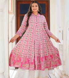 Women'S Plus Size Geomatrical Printed Anarkali Kurti (Pink)