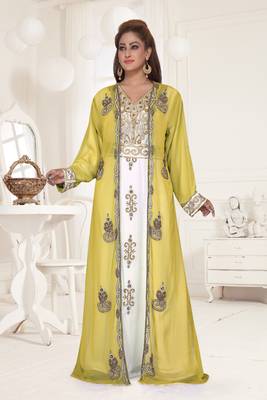 Yellow & White color Full Sleeves Handmade Two Piece Jacket Style Moroccan Kaftan 1